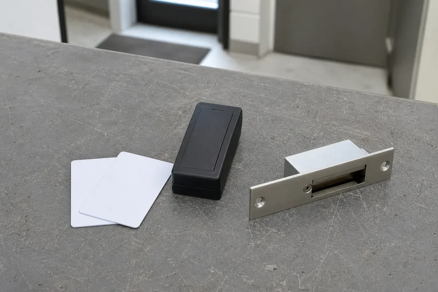 Detached card reader, two plain cards and an electric-strike component on a service bench. — Access Control Installation, Barrie