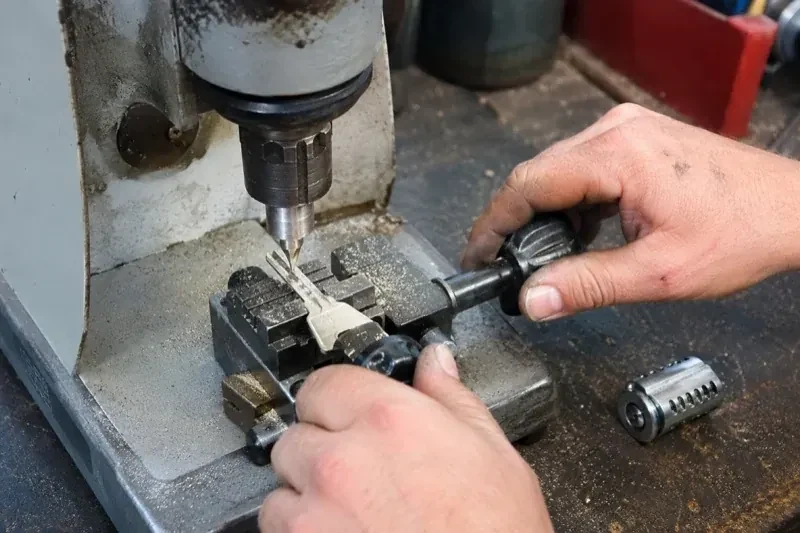 Hands operating a bench-mounted machine with a key clamped beneath a vertical cutter and a loose lock cylinder nearby. — Car Key Replacement, Barrie