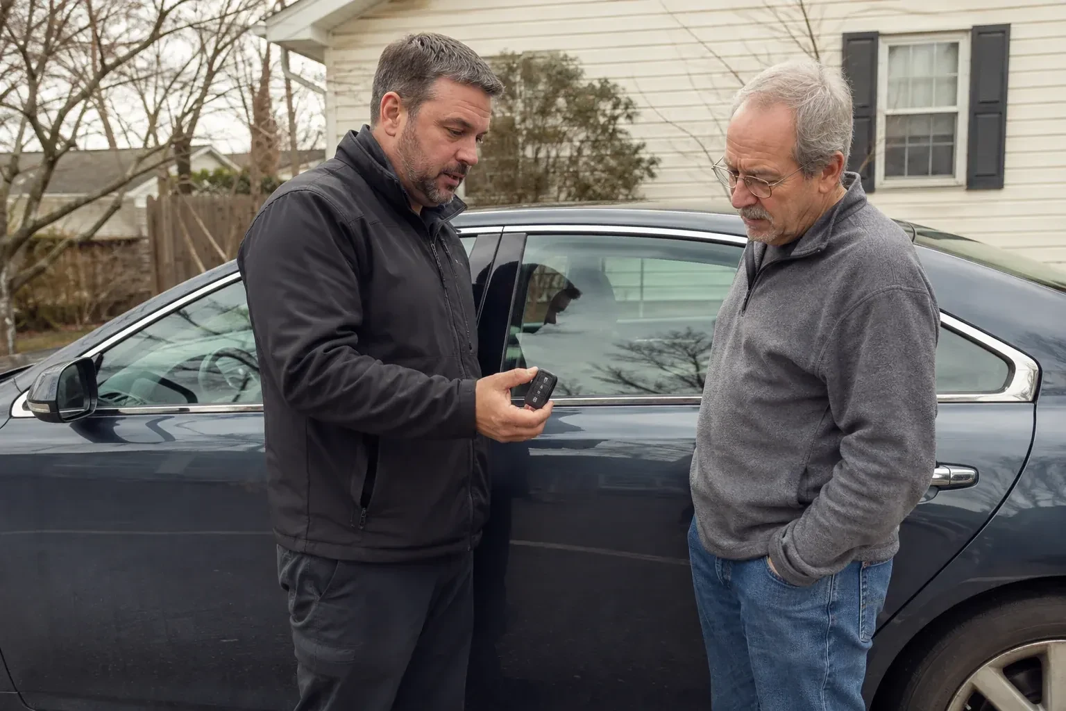 Two people beside a dark sedan, one holding up a black key fob. — Car Lockout Service, Barrie