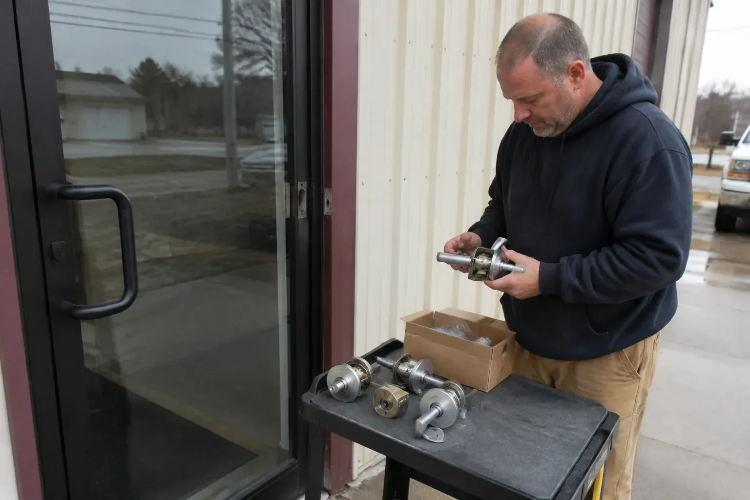 Person holding a door-handle assembly beside a glazed entrance, with more handle and lock components on a cart. — Commercial-Grade Lock Replacement, Barrie