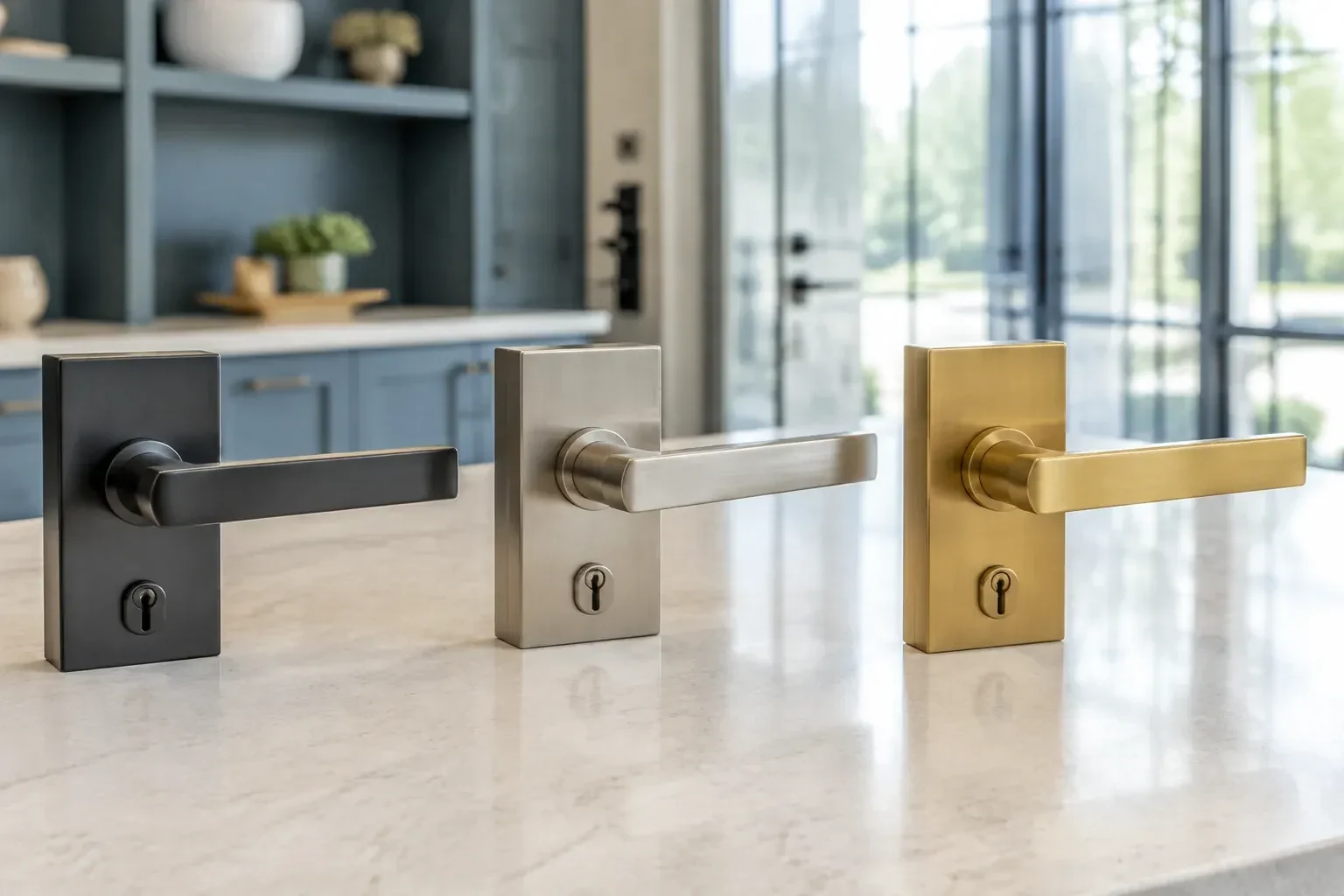 Three rectangular door-handle sets with keyholes in black, silver-colored and gold-colored finishes standing on a countertop. — Commercial Rekeying, Barrie