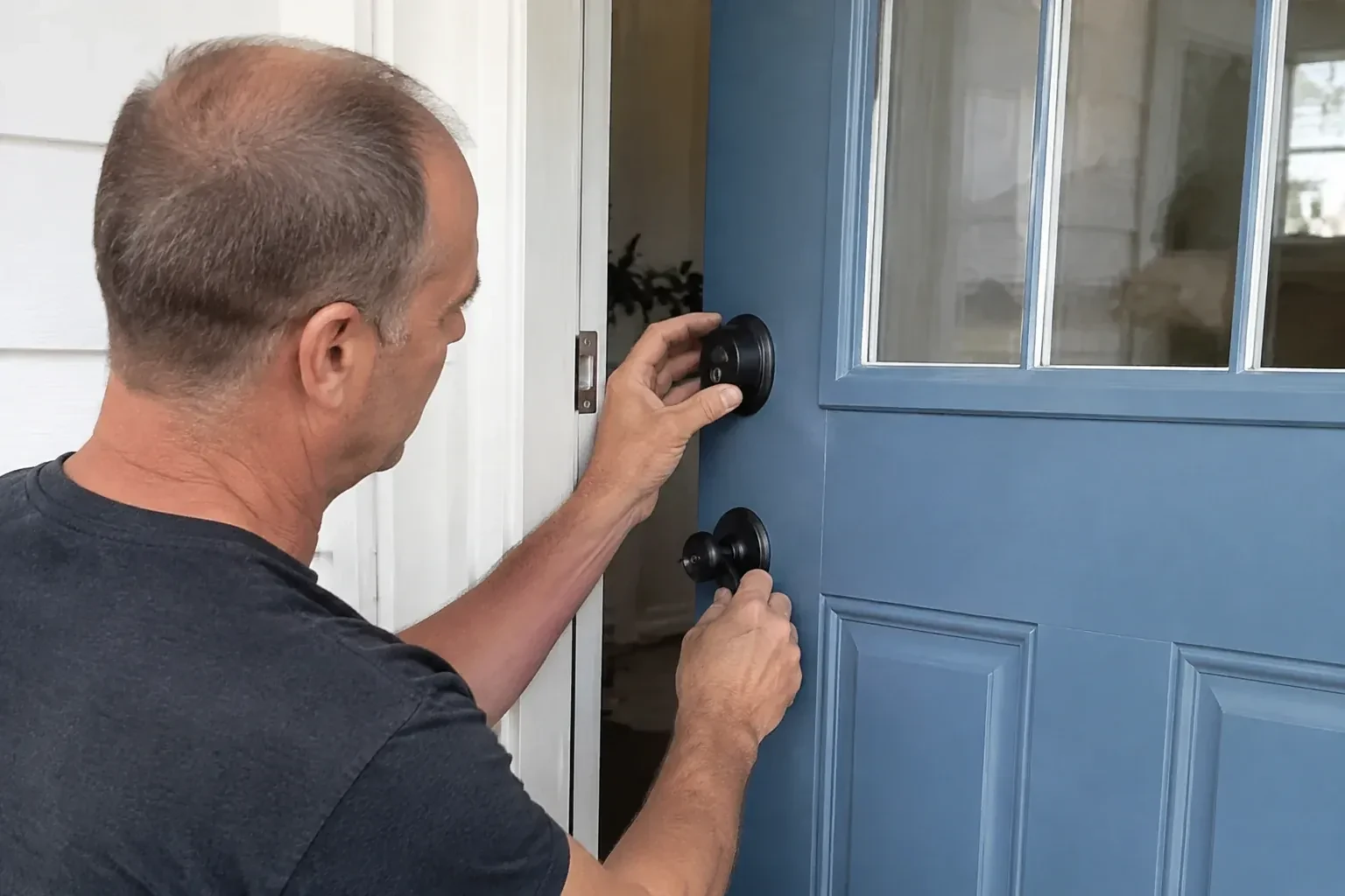Person holding the black deadbolt and doorknob of a partly open blue front door. — Deadbolt Installation, Barrie