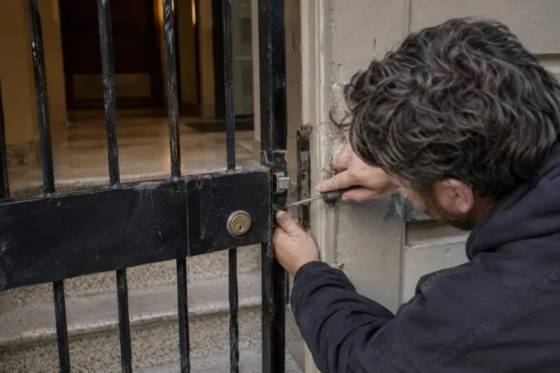 Person using a screwdriver beside the latch of a black barred entrance gate. — Gate & Building Entry Locks, Barrie