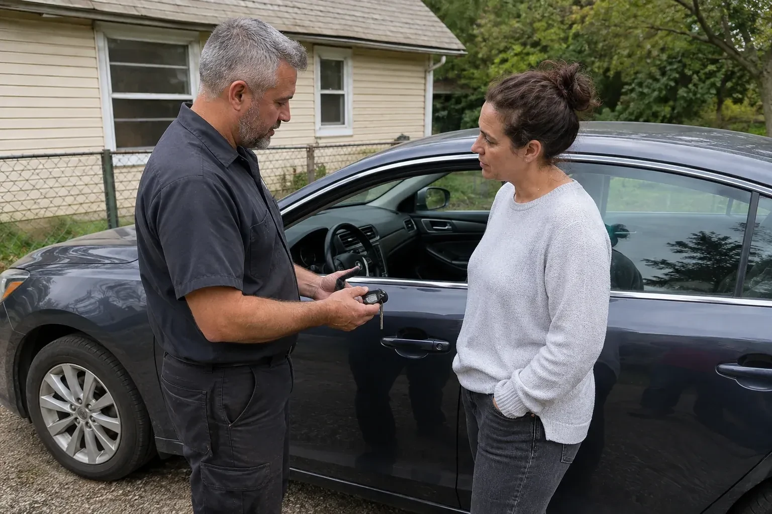 Two people standing beside a car with its window lowered, one holding a key and black key fob. — Ignition Lock Repair, Barrie