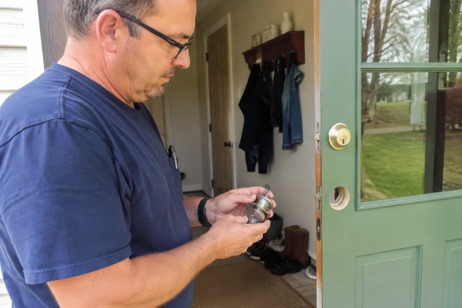 Person holding a cylindrical door-lock assembly beside an open green glazed door with its lower lock opening exposed. — Seized & Jammed Lock Opening, Barrie