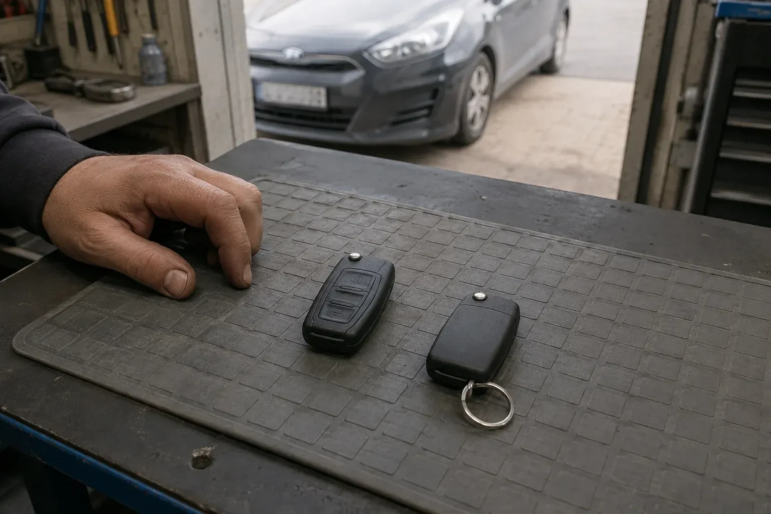 Two vehicle remote fobs on a work mat beside a technician’s hand, with a parked car beyond. — Key Fob Programming, Barrie