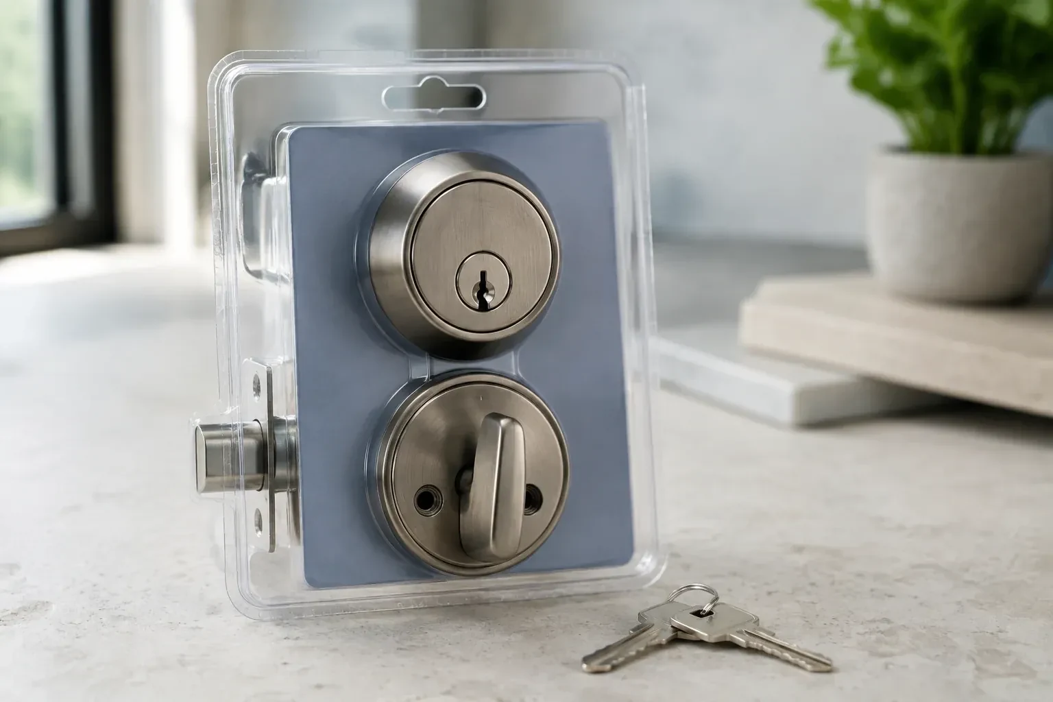 A silver-colored deadbolt set in clear packaging with two keys resting on the countertop in front. — Lock Rekeying, Barrie
