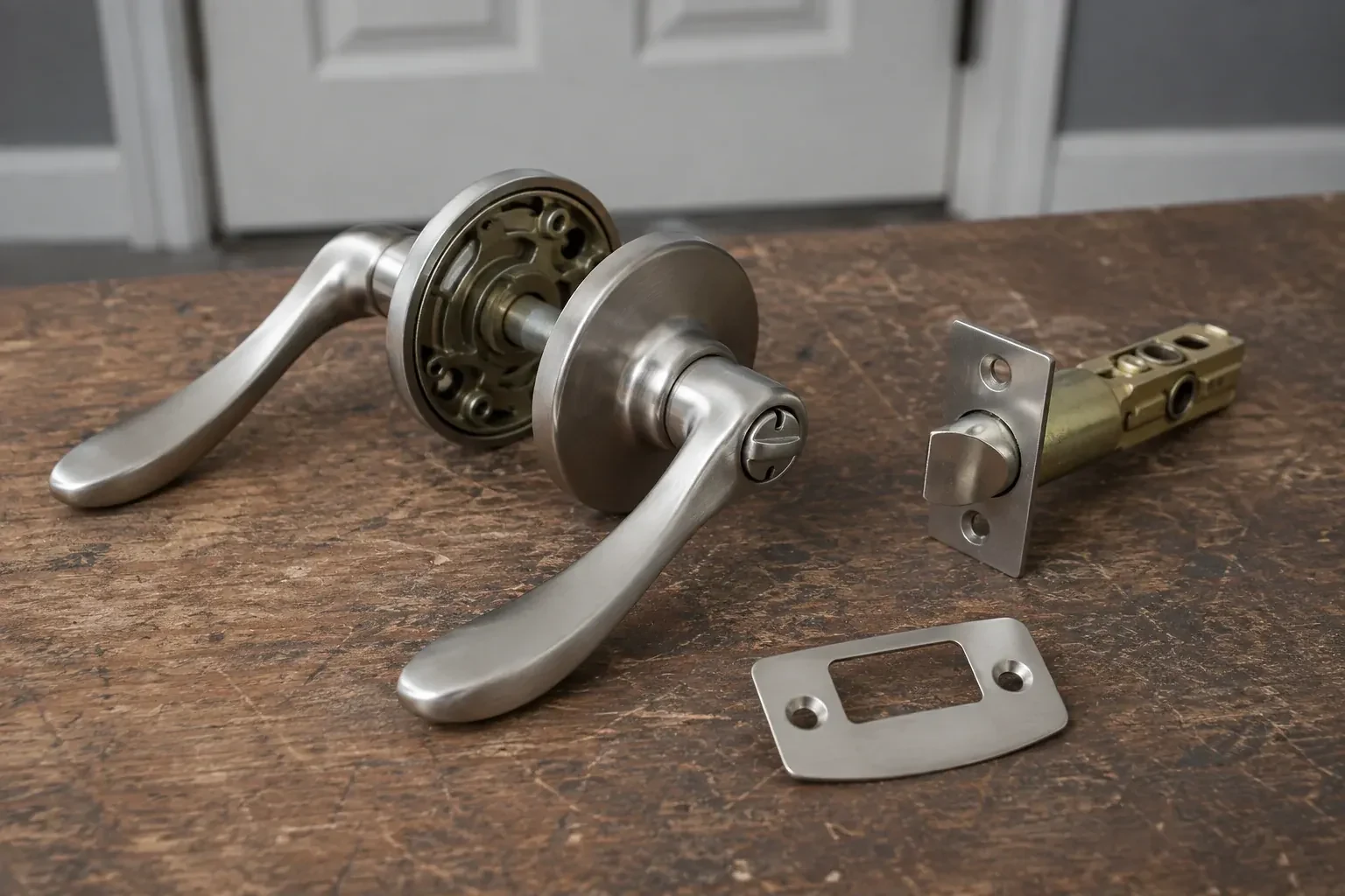 Detached satin-nickel lever hardware, tubular latch and strike plate on a wooden workbench. — Lock Replacement & Upgrade, Barrie