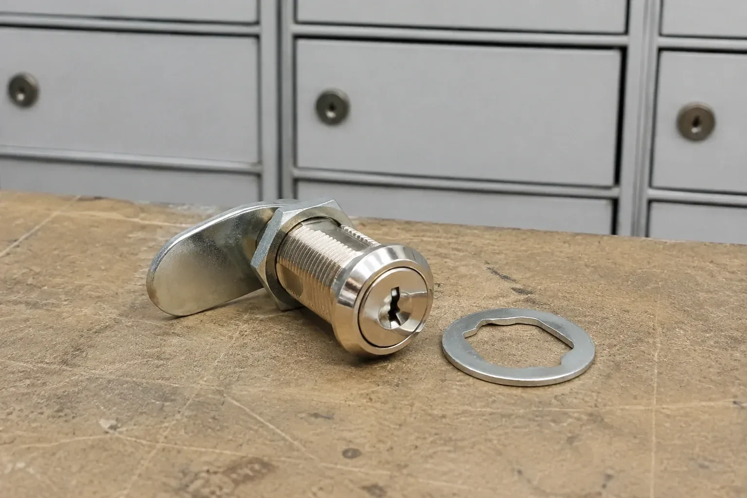 Detached threaded cam lock and mounting washer on a workbench in front of closed mail compartments. — Mailbox Lock Replacement, Barrie