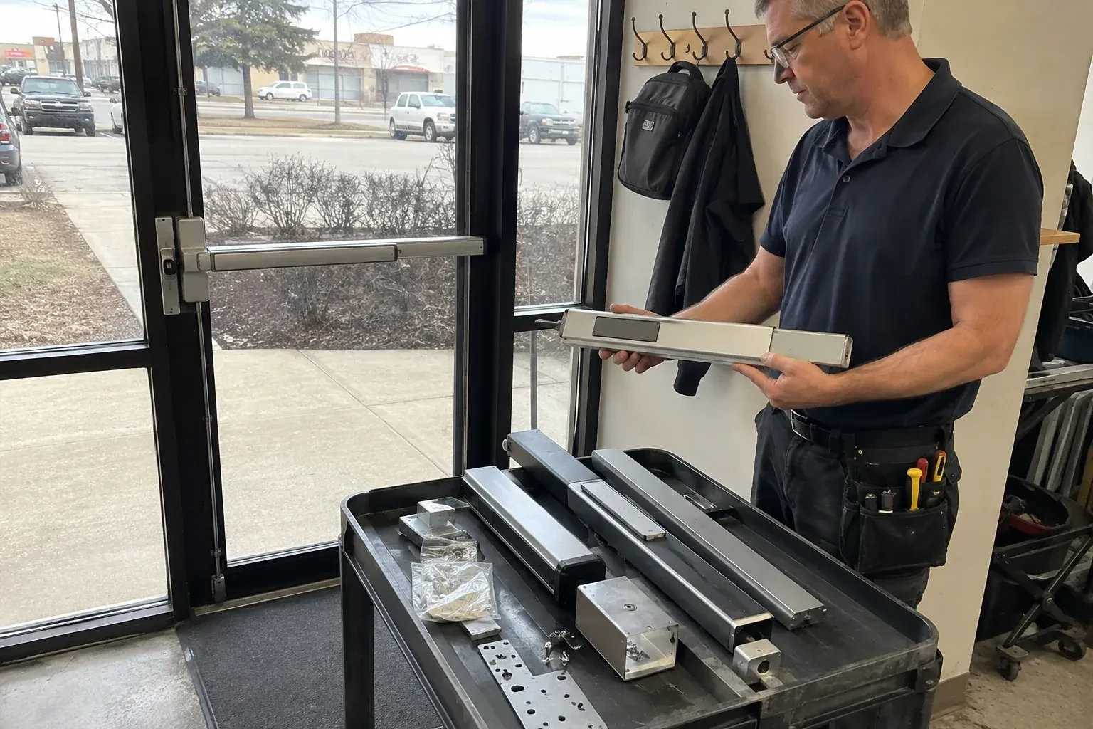Person holding a long metal door-hardware assembly beside a cart of similar parts and a glass door fitted with a push bar. — Panic & Exit Hardware, Barrie