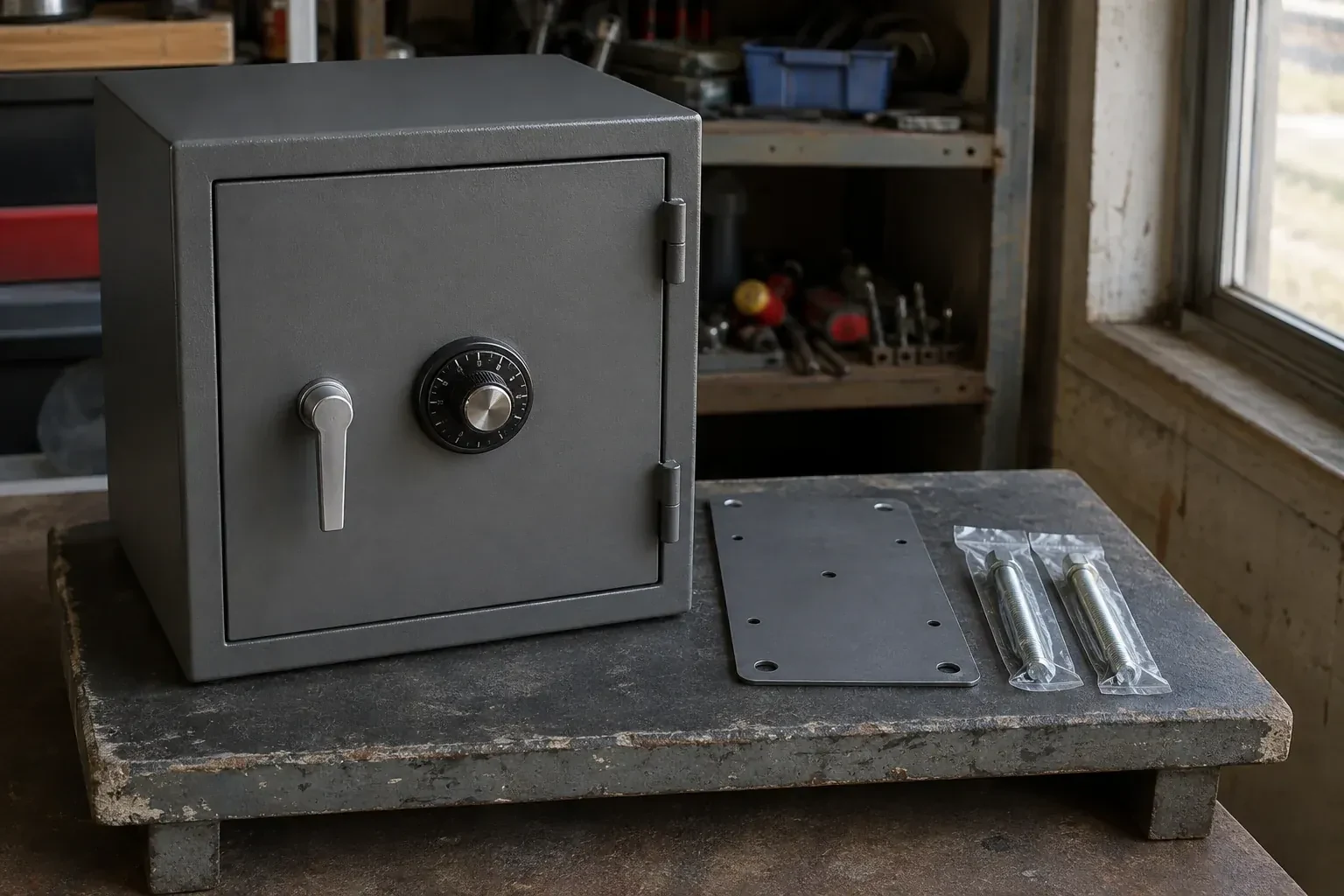 Closed small safe beside a metal plate and packaged fasteners on a workshop bench. — Safe Installation & Servicing, Barrie