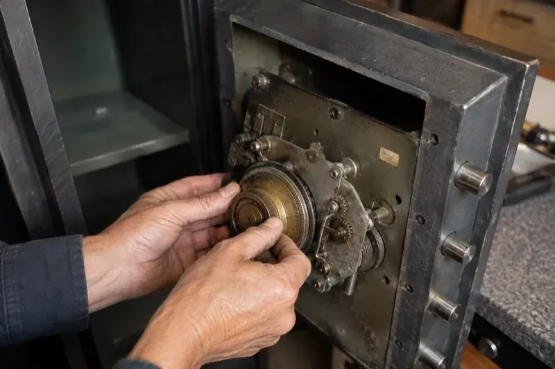 Hands holding a round metal component against the exposed mechanism inside an open safe door. — Safe Opening & Combination Change, Barrie