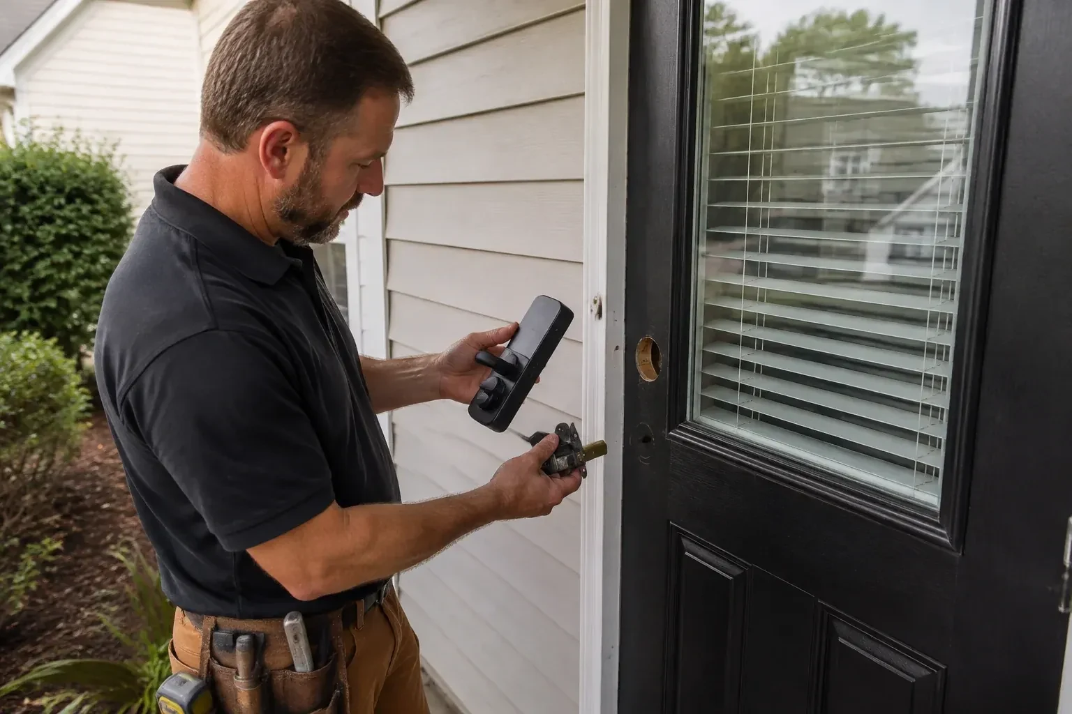 Person holding a black door-handle assembly and a latch beside a glazed door with exposed lock openings. — Smart Lock Installation, Barrie