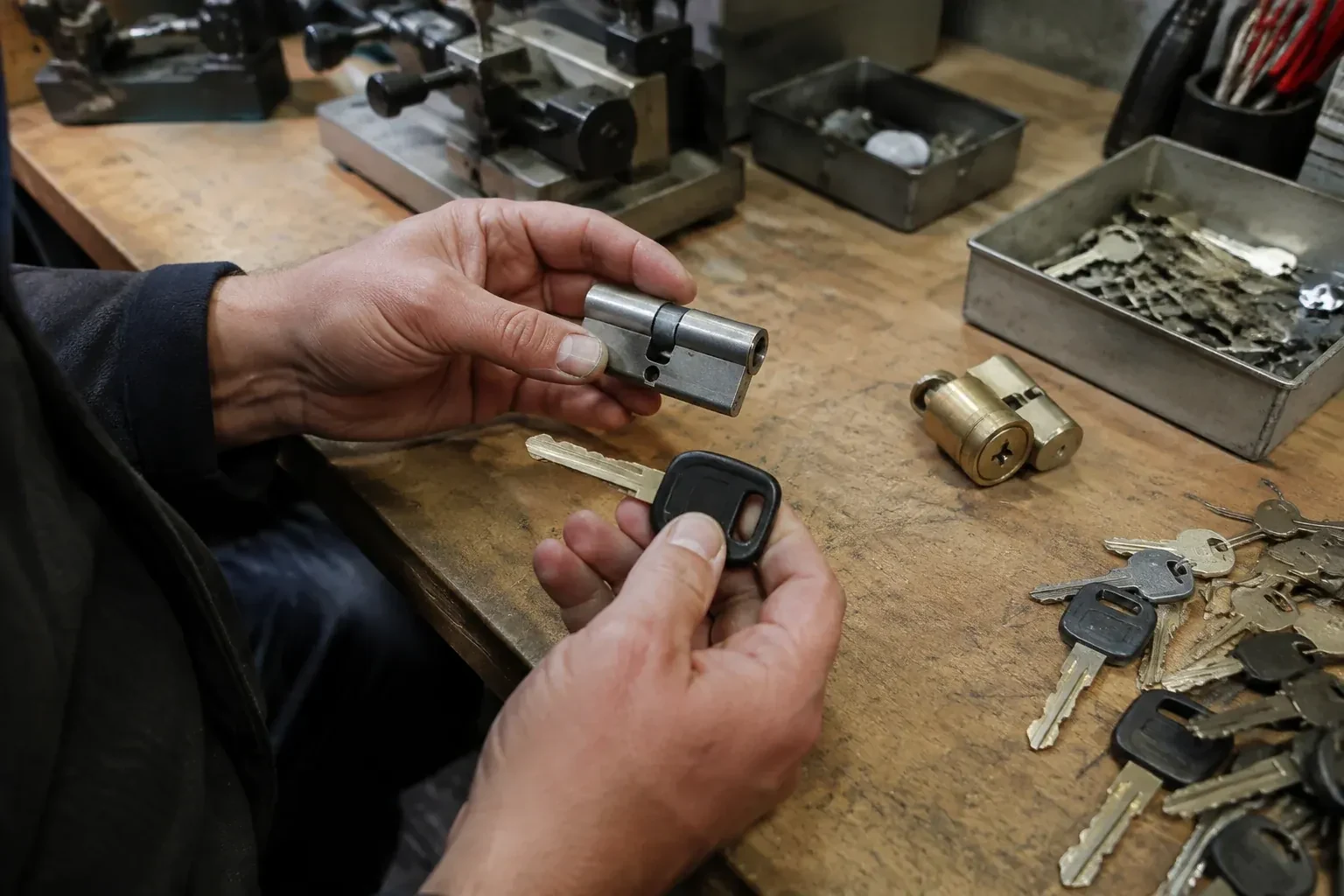 Hands holding a silver-colored lock cylinder and a black-headed key above a workbench with loose keys and another cylinder. — Spare Car Key Duplication, Barrie