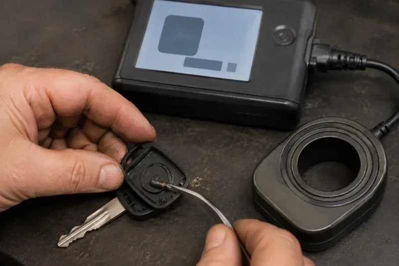 Hands using tweezers at an opened car-key head beside a small electronic unit and a ring-shaped accessory. — Transponder Key Programming, Barrie