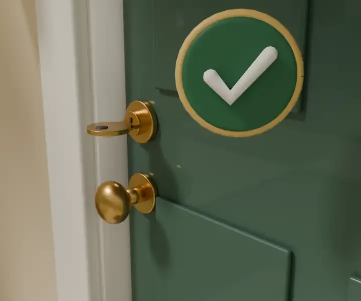 Illustration: a key turned in the deadbolt of the front door, with a check mark beside it