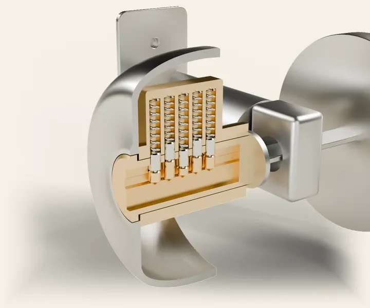The same deadbolt with the housing cut away to show the cylinder and its plug